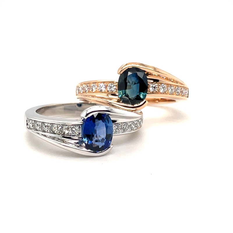 bague de mariage en or rose avec un saphir Teal et diamants 