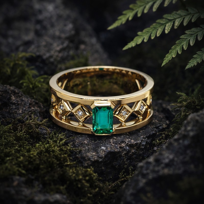 Création de bague de mariage en or jaune, émeraude et diamants, fabriqué sur mesure par votre joailler près de Lyon 9