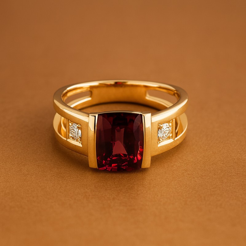 fabrication d’une bague en or jaune, avec un grenat et des diamants