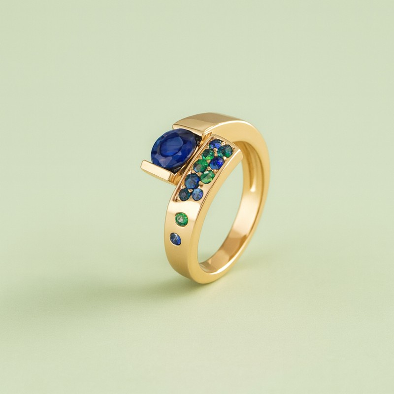 bague de fiançailles or jaune avec une pierre bleu chez un joaillier autour de moi